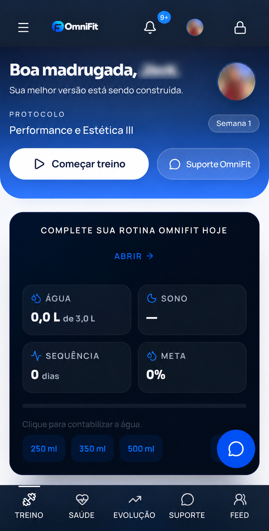Tela real da plataforma OmniFit com treino, suporte e acompanhamento