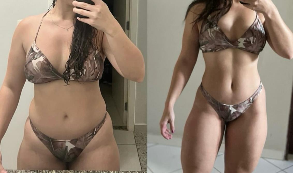 Evolução corporal de aluna, comparação antes e depois