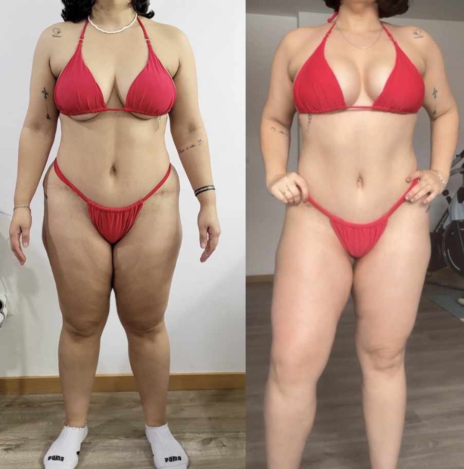 Evolução corporal de aluna com traje vermelho