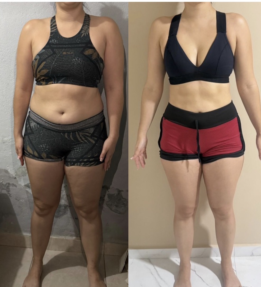 Evolução corporal de aluna com roupas de treino